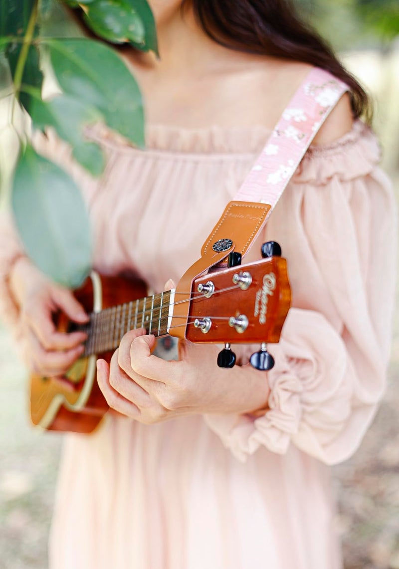 MUSIC FIRST Original Design Vintage â€œPink Sakuraâ€ Soft Muslin & Genuine Leather Ukulele Strap Ukulele Shoulder Strap With a MUSIC FIRST Genuine Leather Str. Locker - Image 2